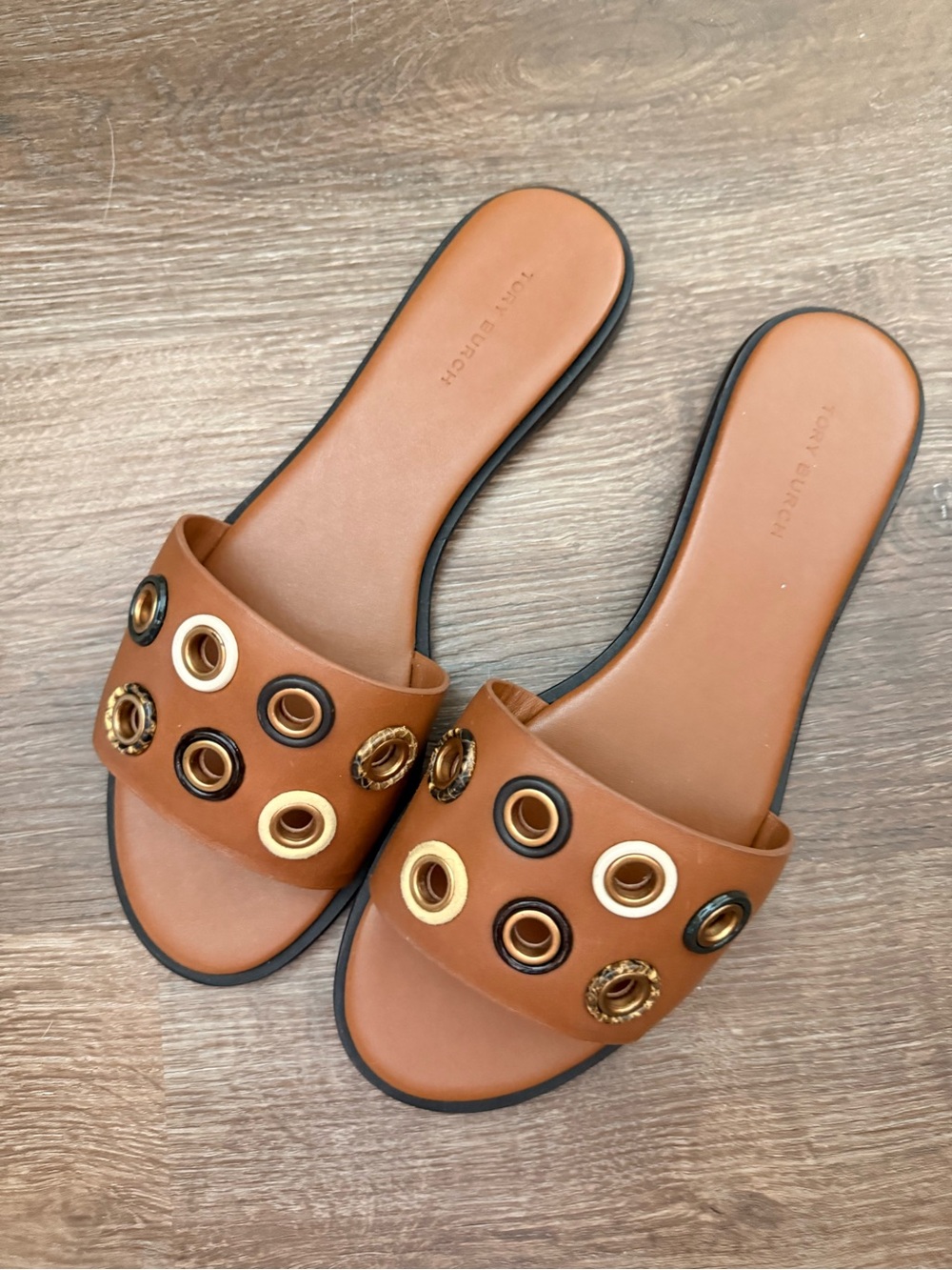 Tory Burch Cognac Slide Sandals with Mixed Metal Grommets
